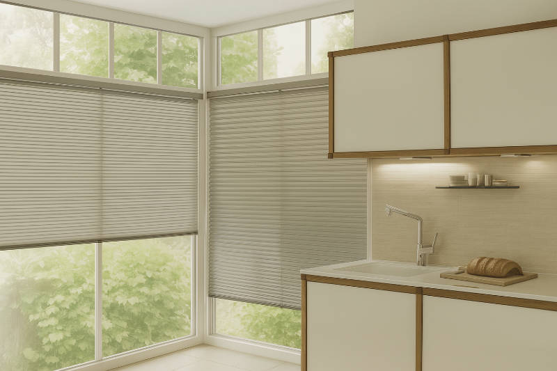 Wohnzimmer mit Plissee am Fenster, im Vordergrund ein gelber Stuhl